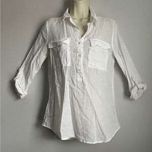 Old Navy Women’s White Linen Blend Long Roll Up Slv. Collard Button Shirt Small